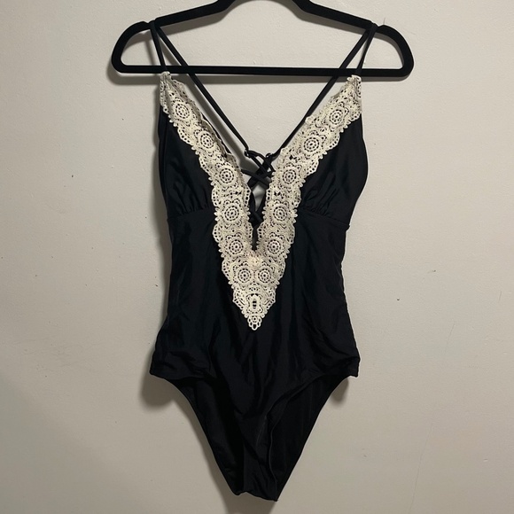 Black One-Piece Swim with Crochet Neckline - Picture 1 of 4